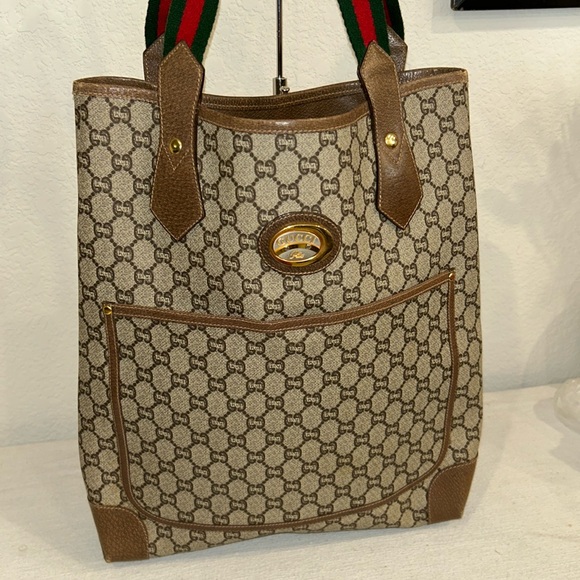 GUCCI GG Plus Canvas Web Sherry Line  Bag PVC Beige Green Red Authentic - Picture 3 of 15